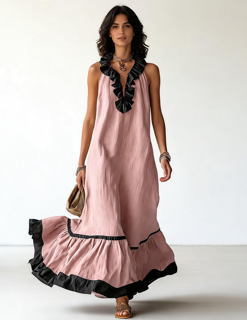 Ruffled Halter Maxi Dress Cotton Linen Sleeveless Gown