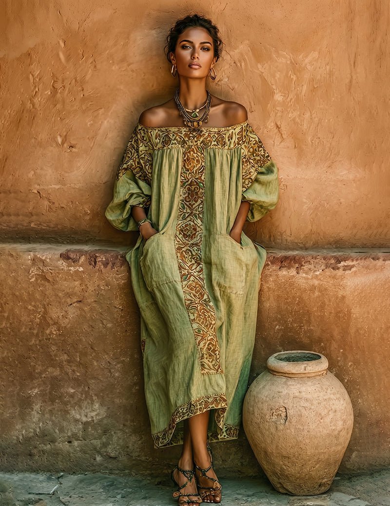 Linen Off Shoulder Dress Bohemian Embroidered Maxi Dress with Pockets