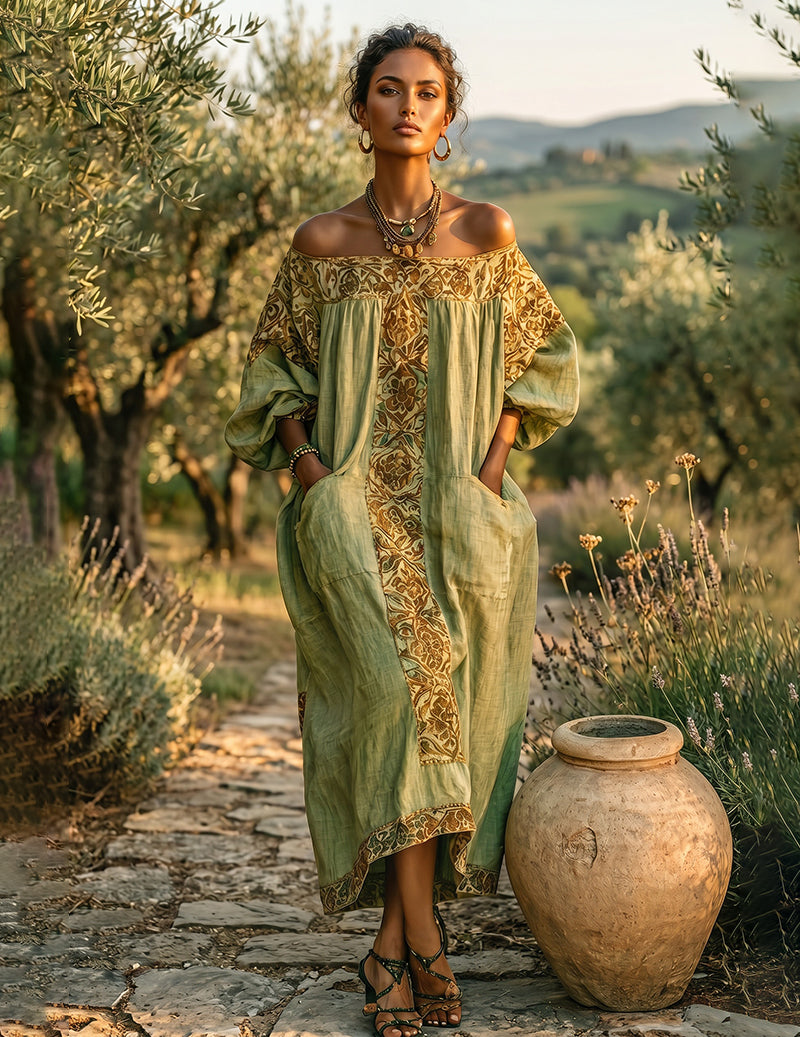Linen Off Shoulder Dress Bohemian Embroidered Maxi Dress with Pockets