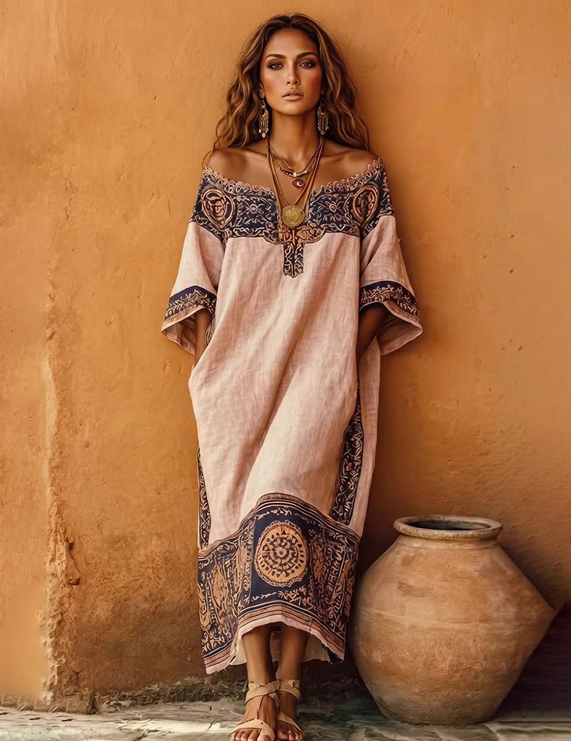 Linen Off Shoulder Dress Bohemian Floral Print Maxi Dress