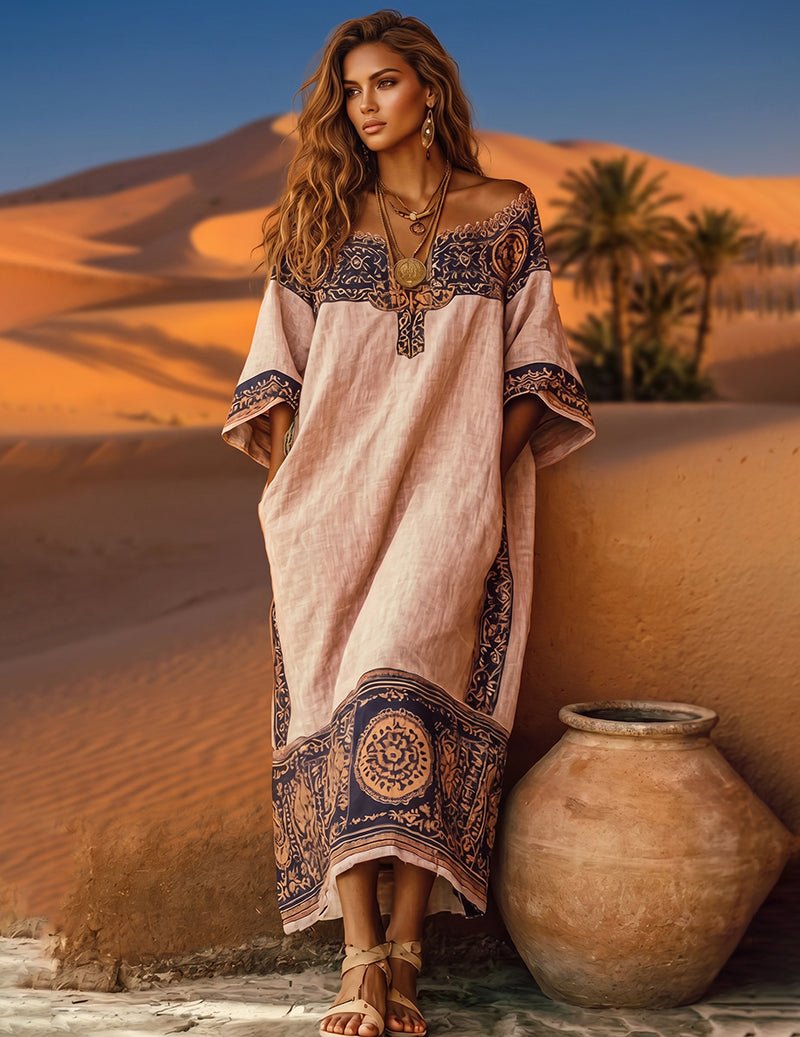 Linen Off Shoulder Dress Bohemian Floral Print Maxi Dress