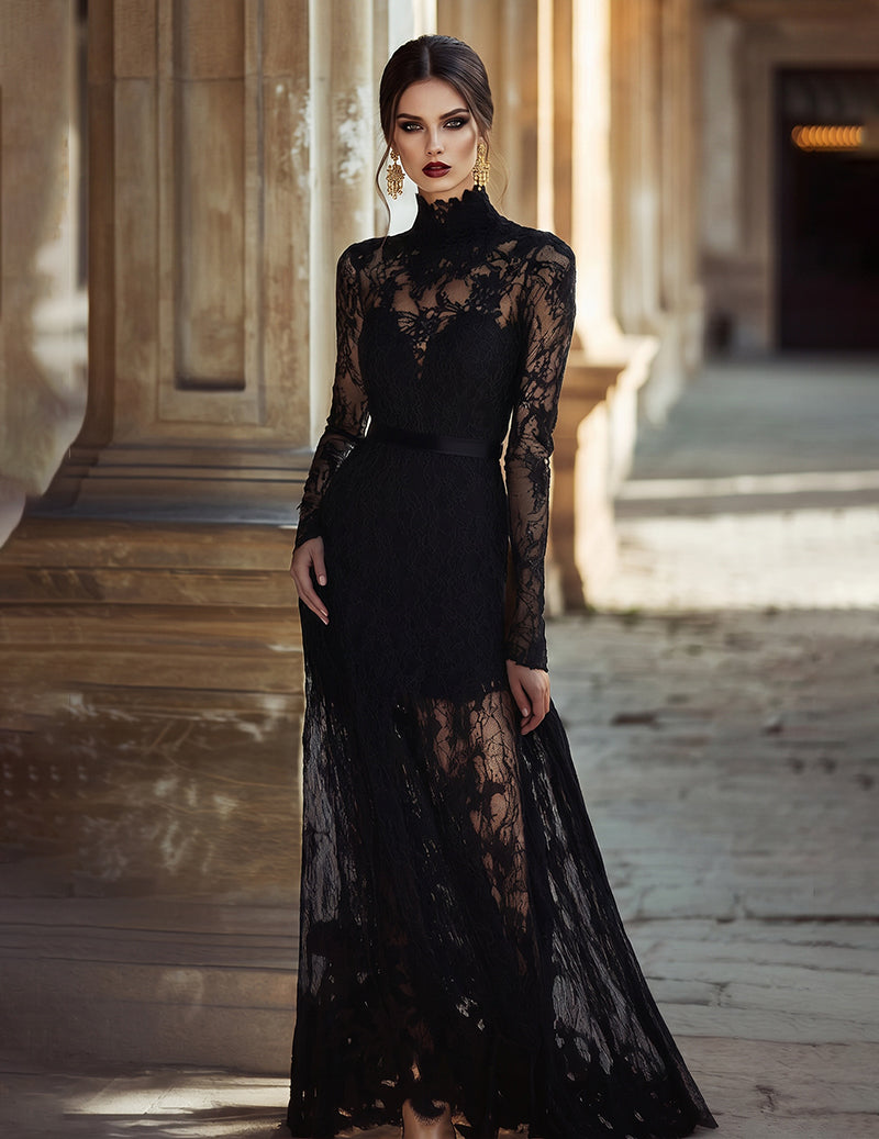 Lace Maxi Dress Long Sleeve Sheer Floral Lace Evening Gown Formal Dress