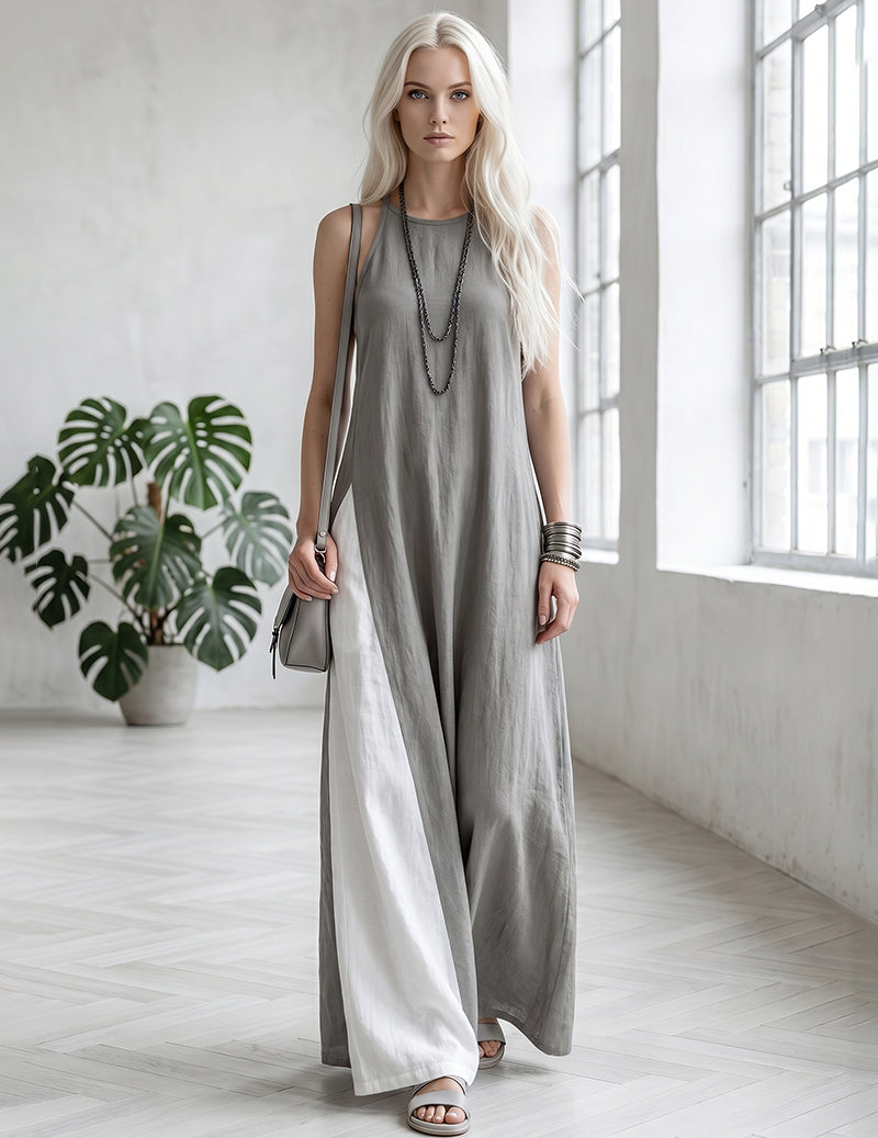 Asymmetric Sleeveless Color-block Side Slit Maxi Dress