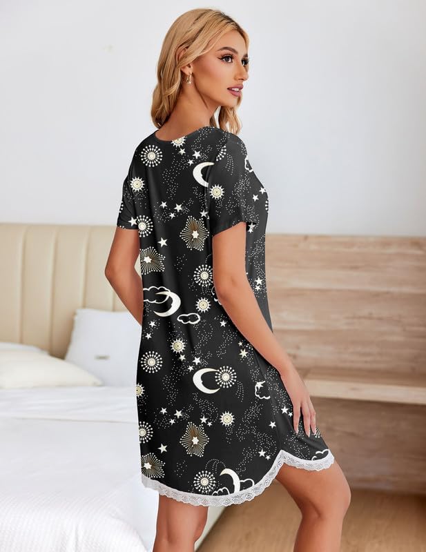 Nightgown Soft Short Sleeve Lace Trim Pajama Dress