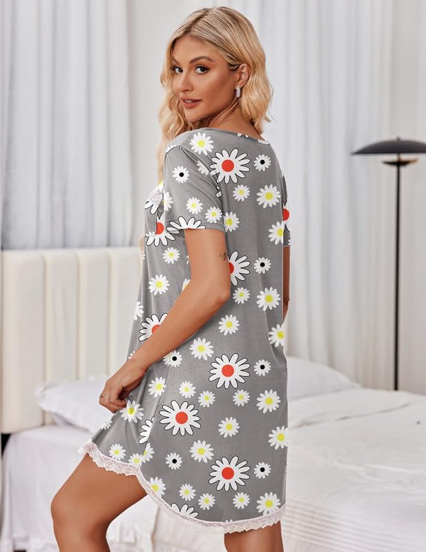 Nightgown Soft Short Sleeve Lace Trim Pajama Dress