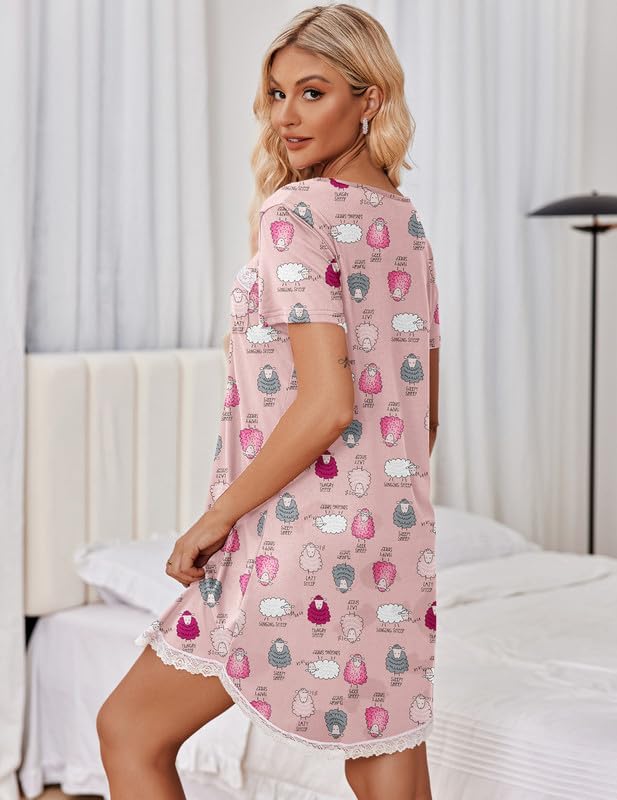 Nightgown Soft Short Sleeve Lace Trim Pajama Dress