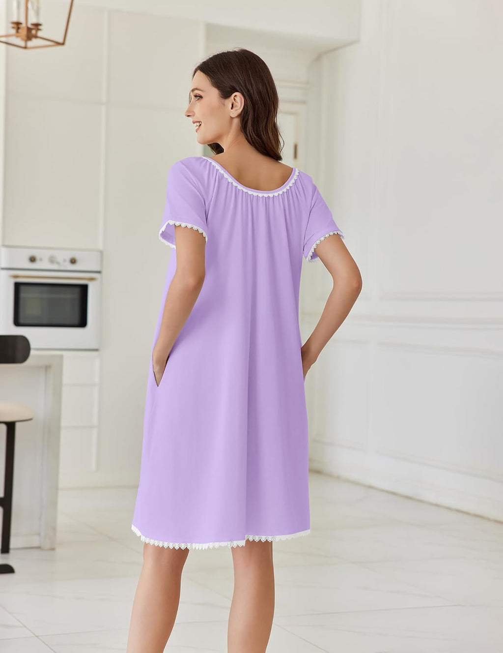 Cotton Nightgowns Lace Trim Short Sleeve Sleep Dress with Pockets