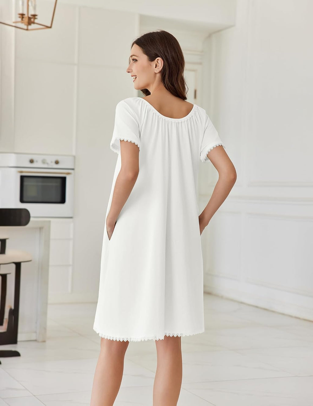 Cotton Nightgowns Lace Trim Short Sleeve Sleep Dress with Pockets