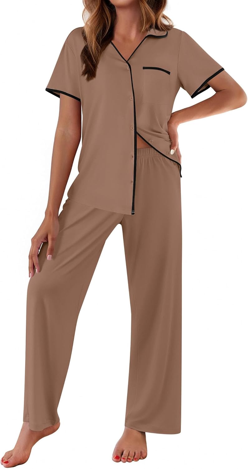 Notch Collar Soft Short Sleeve Pjs with Long Pant Lounge Set