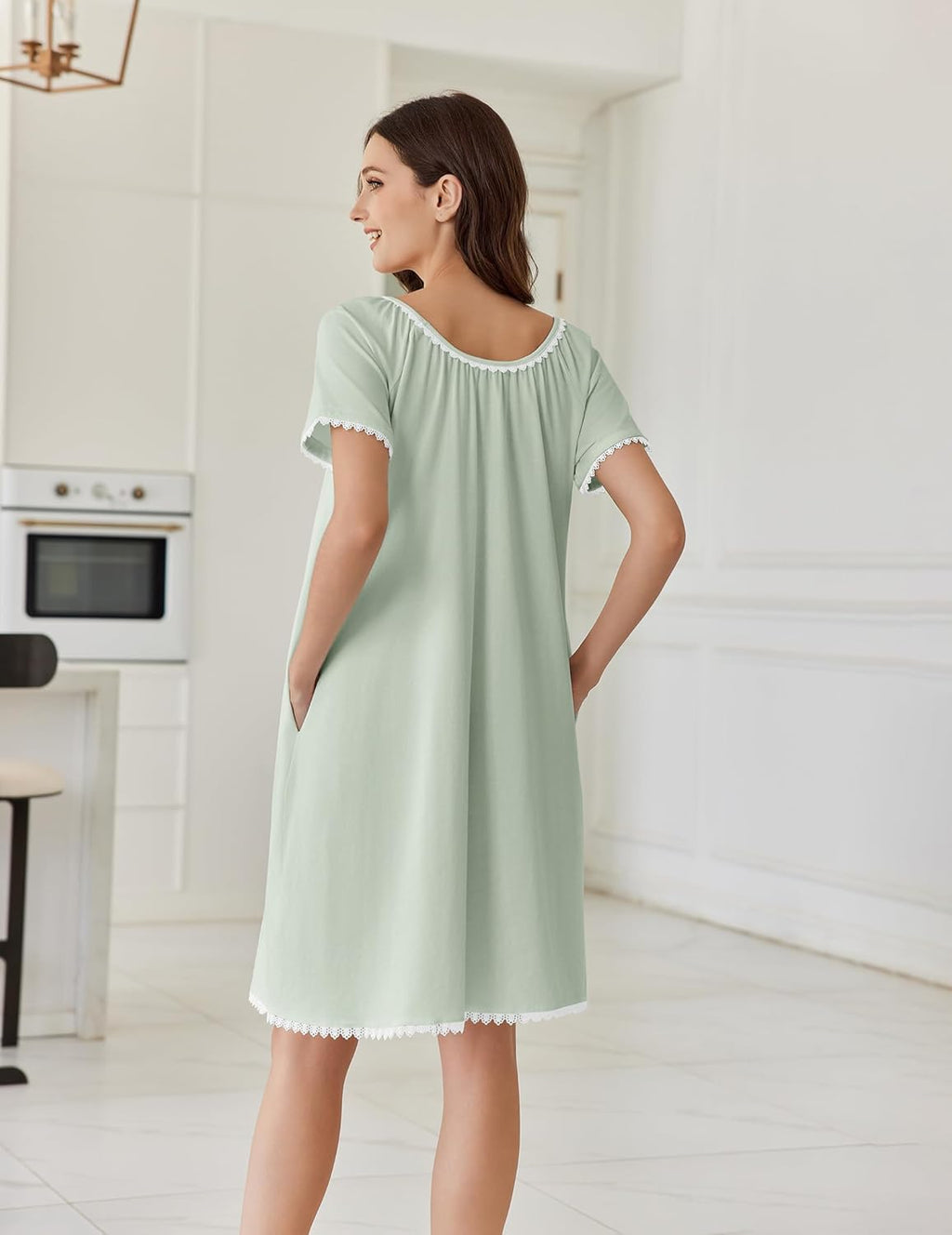 Cotton Nightgowns Lace Trim Short Sleeve Sleep Dress with Pockets