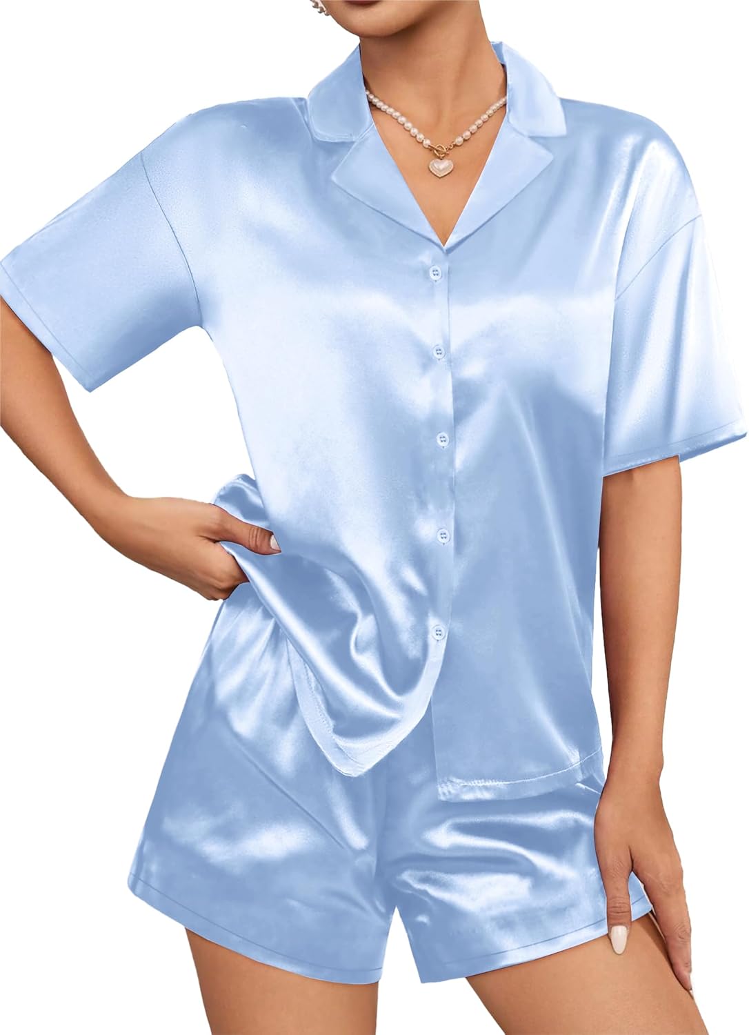 Silk Satin Pajamas Set Short Sleeve 2 Piece Pjs Set