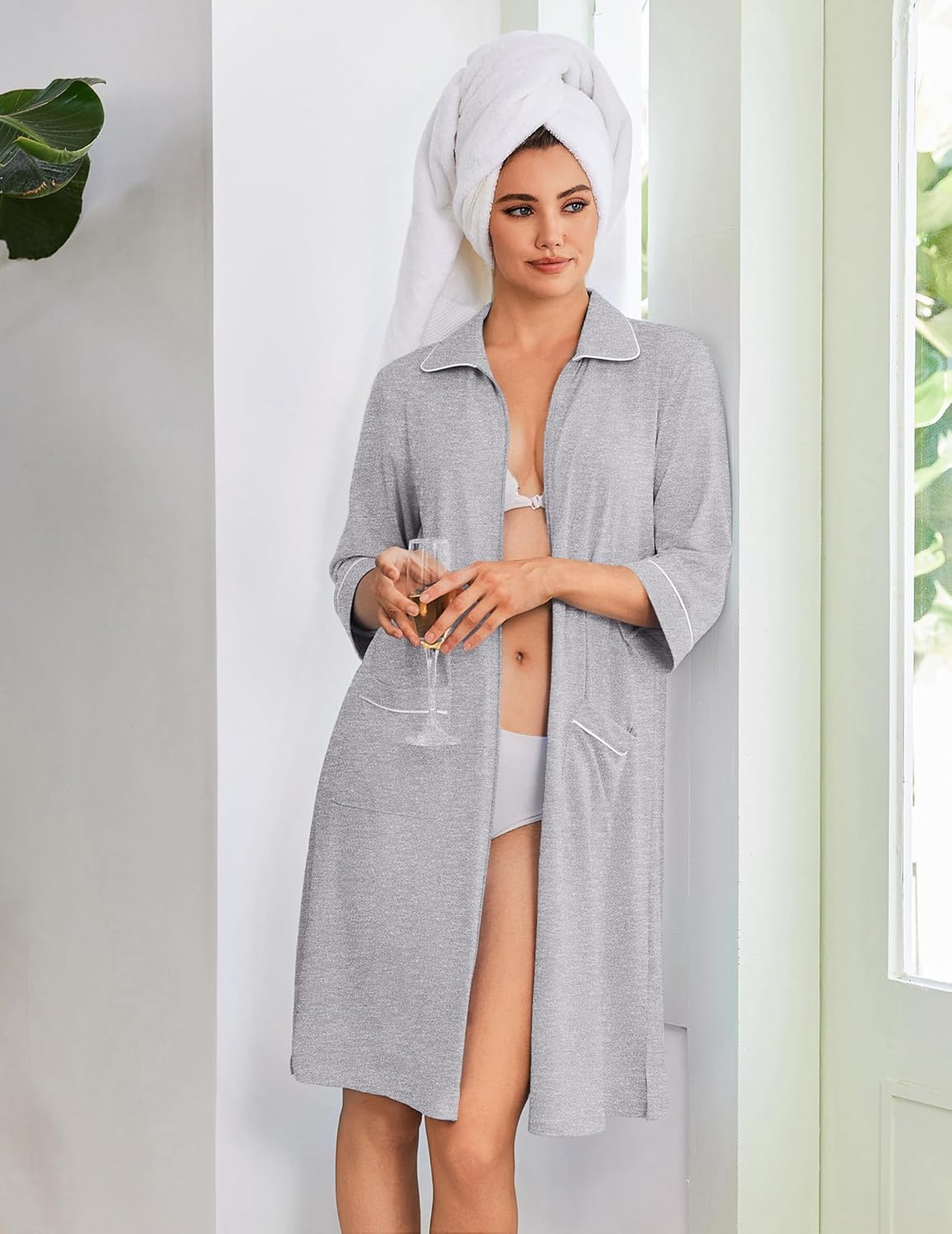 Zipper Robes for Women 3/4 Sleeve Housecoats