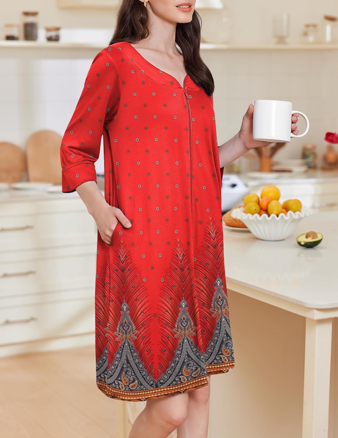 Zipper Robes 3/4 Sleeves Soft Nightgowns
