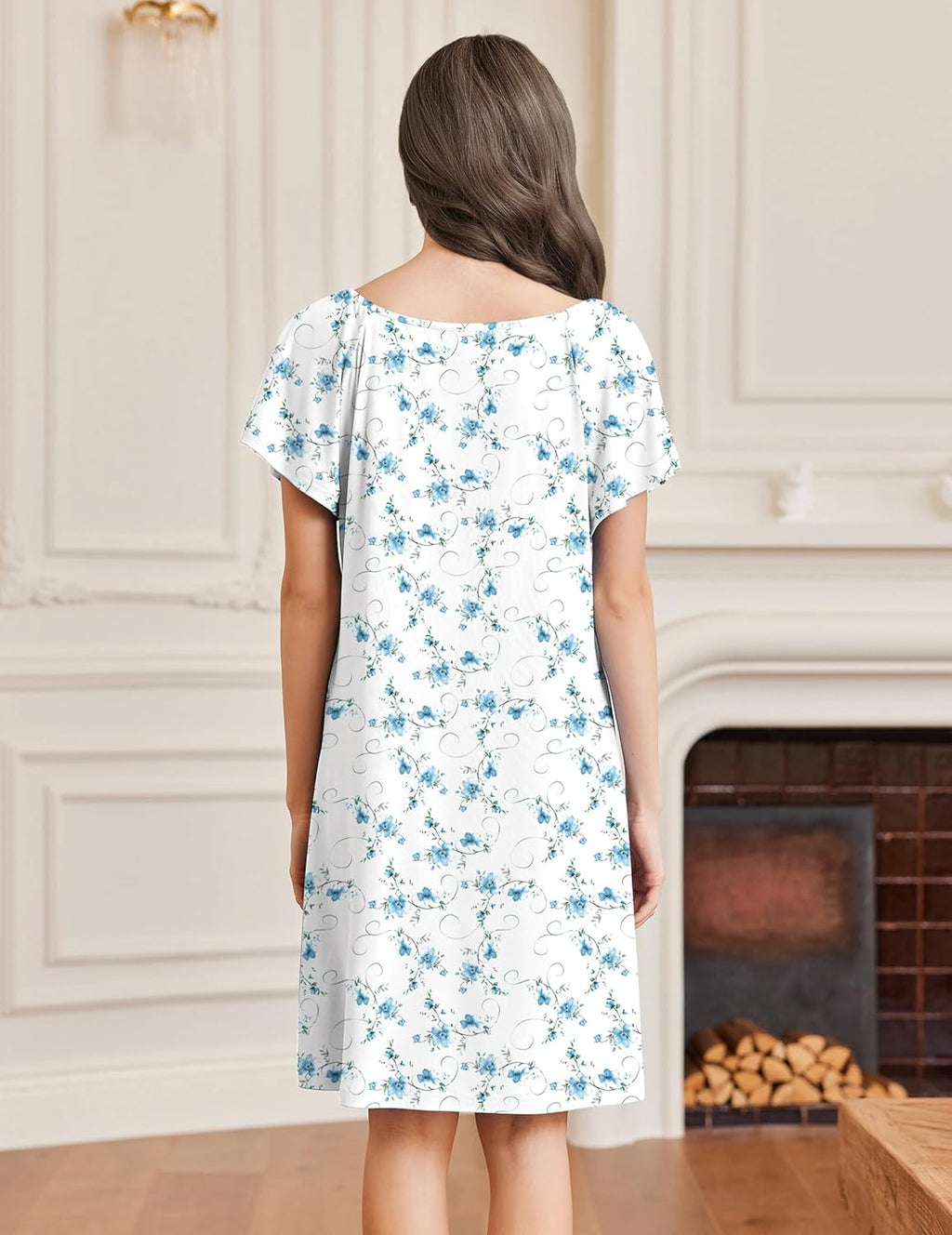 Lace Trim V Neck Sleep Shirt Flare Pleated Nightdress