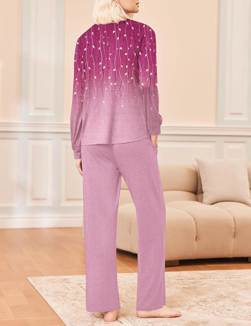 Long Sleeve Pleated V Neck Sleepwear with Pockets
