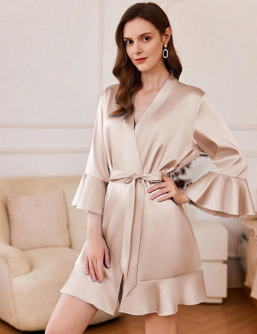 Satin Robe Short Ruffle Hem Silky Kimono Brides Bathrobes