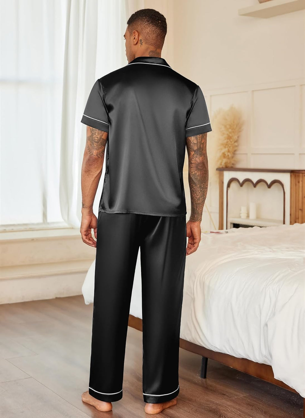 Mens Satin Pajama Set Button Down Sleepwear Set