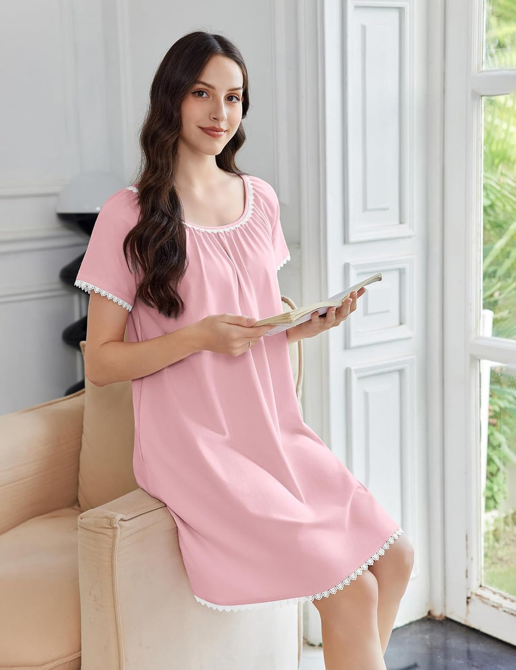 Cotton Nightgowns Lace Trim Short Sleeve Sleep Dress with Pockets