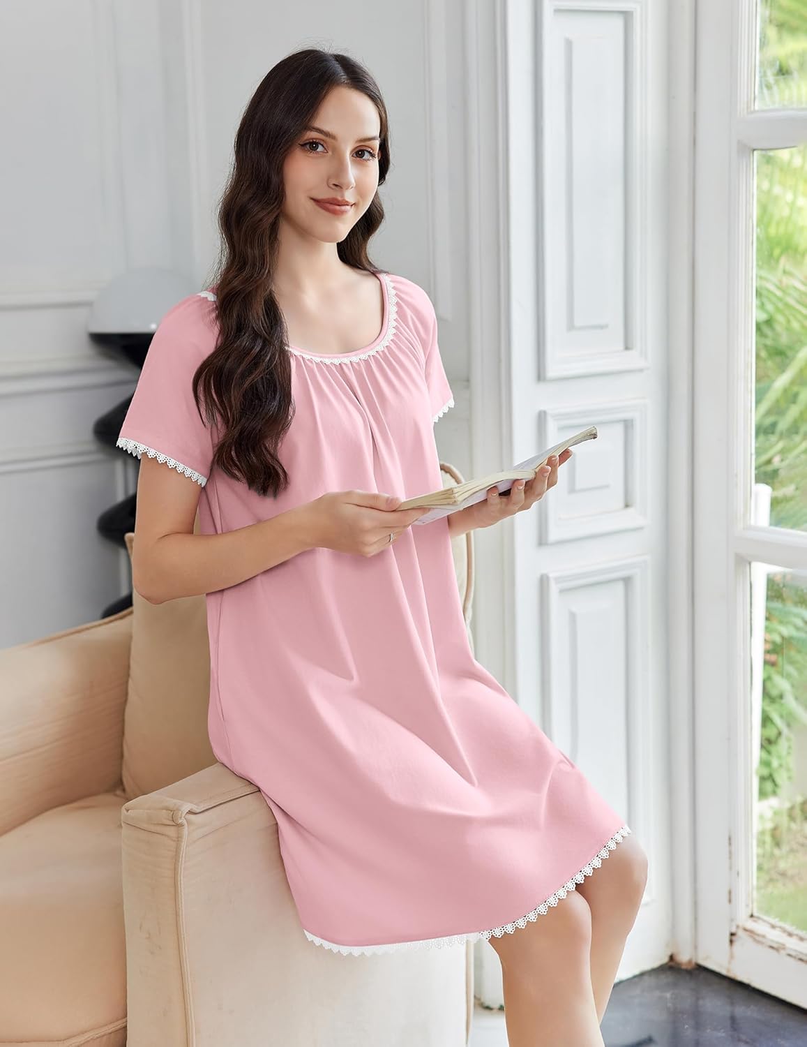 Cotton Nightgowns Lace Trim Short Sleeve Sleep Dress with Pockets