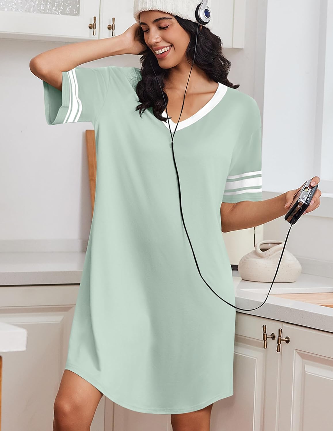 Bamboo Viscose Nightgown Short Sleeve V Neck Nightshirt