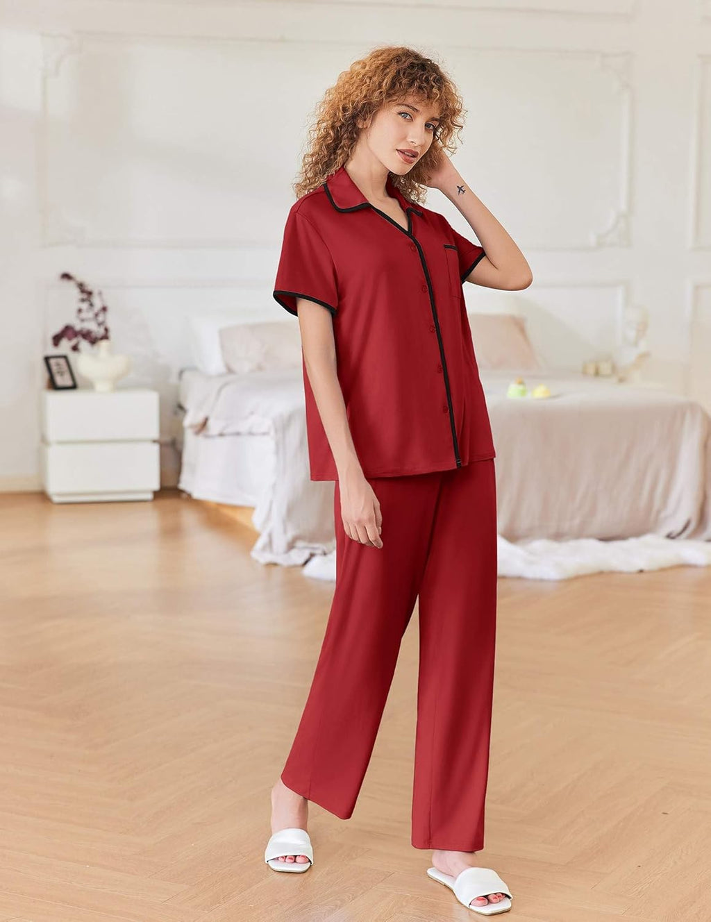 Notch Collar Soft Short Sleeve Pjs with Long Pant Lounge Set