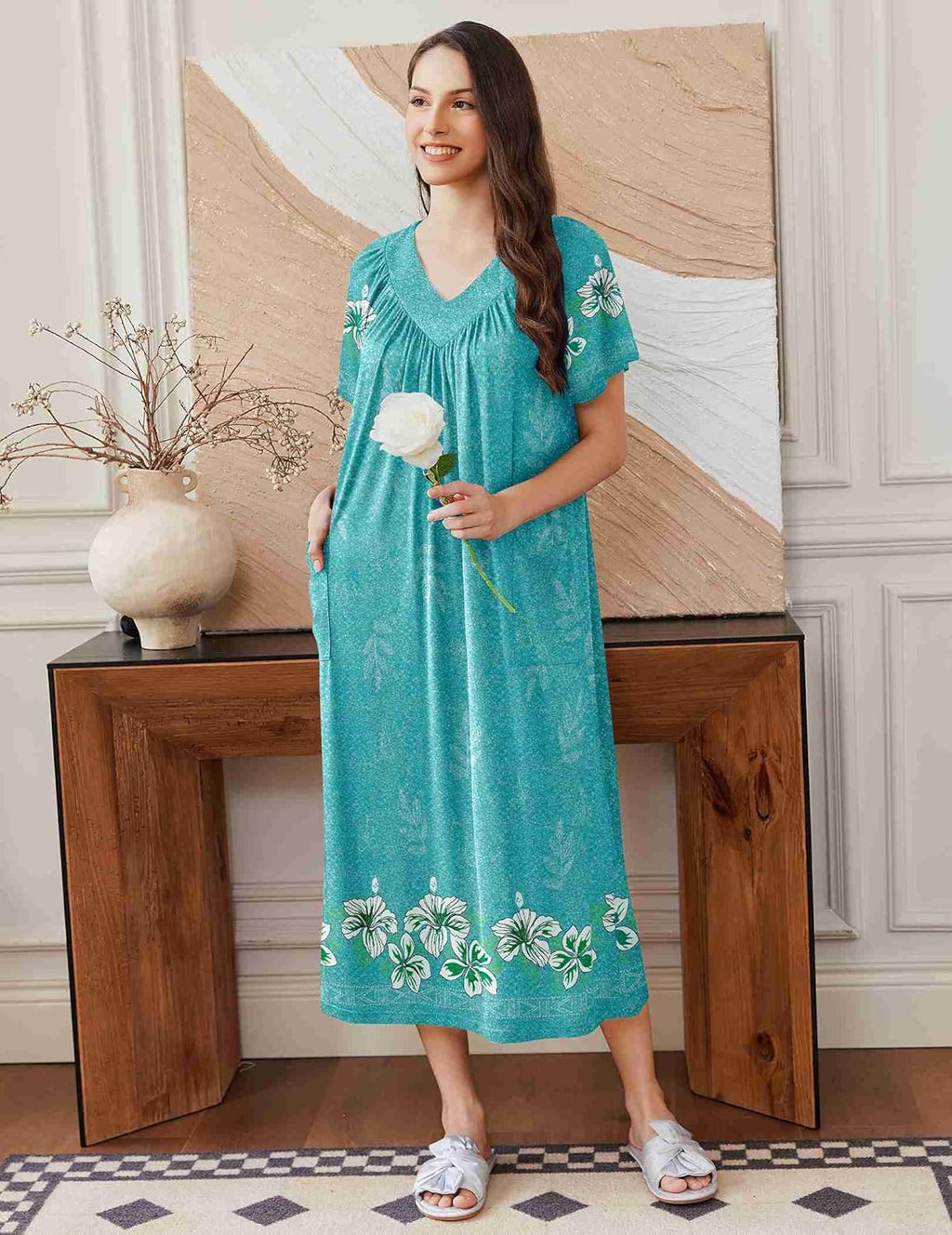 Long Nightgowns for Women Short Sleeve House Dress