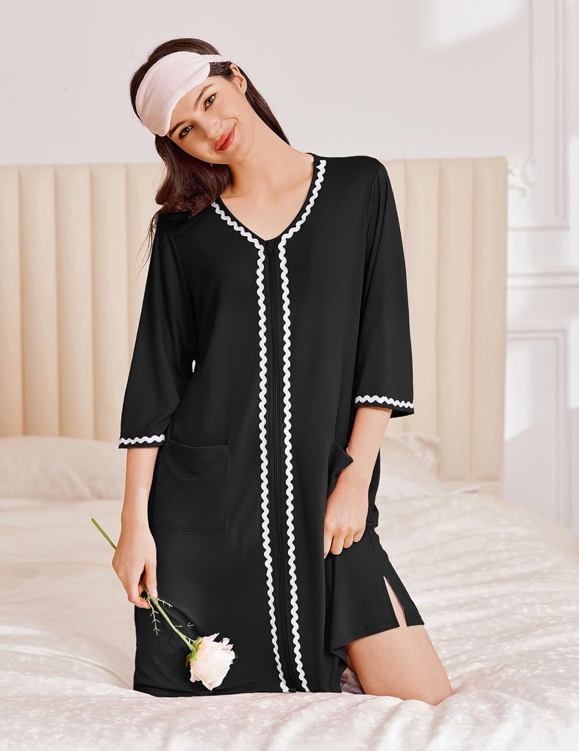 Zipper Robes for Women 3/4 Sleeves Lightweight House Coat