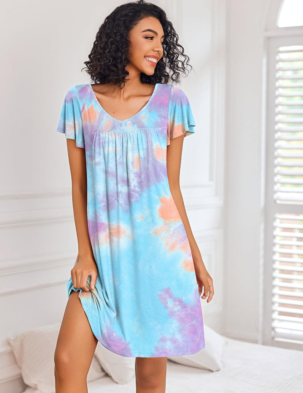 Short Sleeve Sleep Shirts Pleated Night Dress House Dress