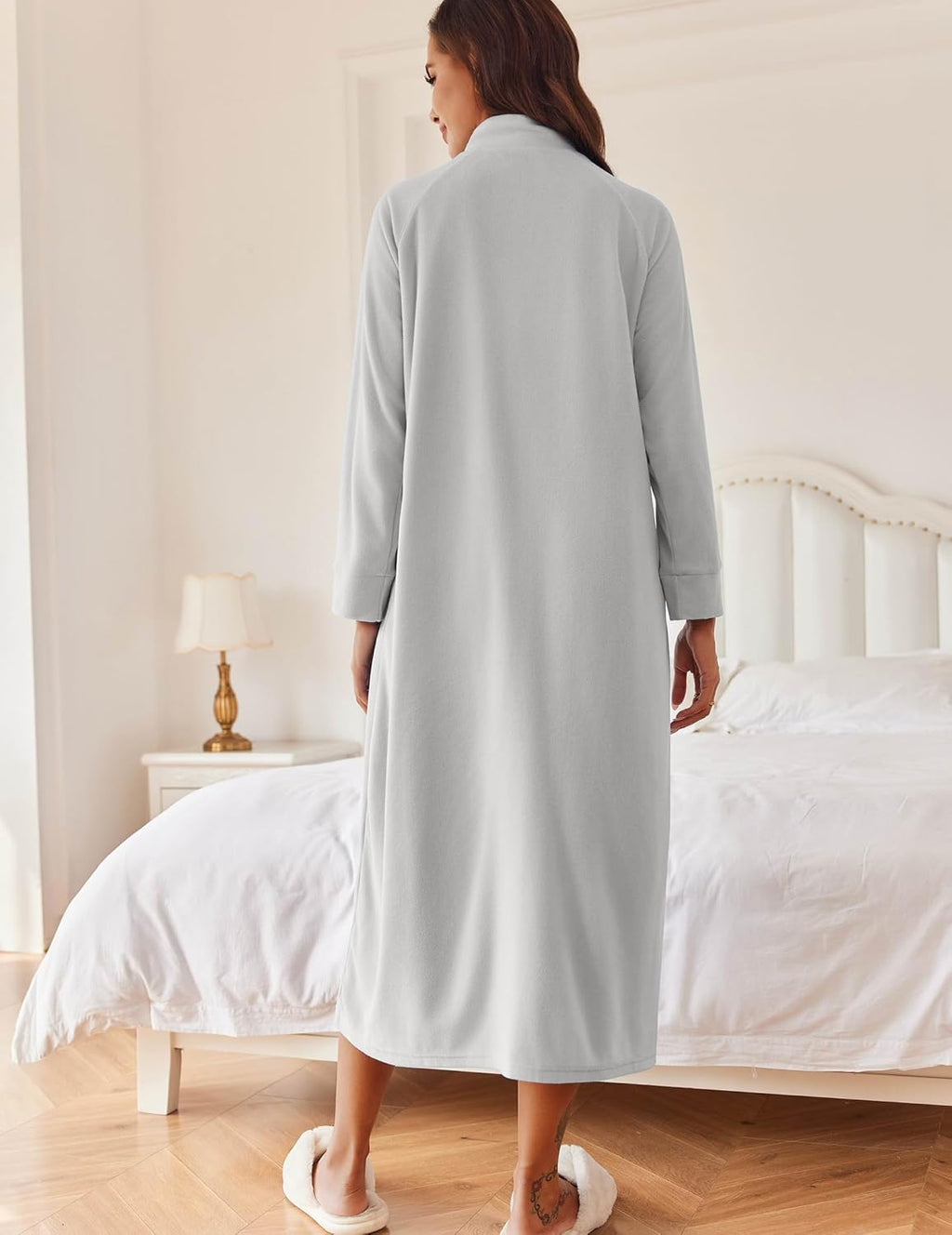 Zipper Robe Long Sleeves House Coat Soft Bathrobe