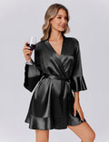 Satin Robe Short Ruffle Hem Silky Kimono Brides Bathrobes