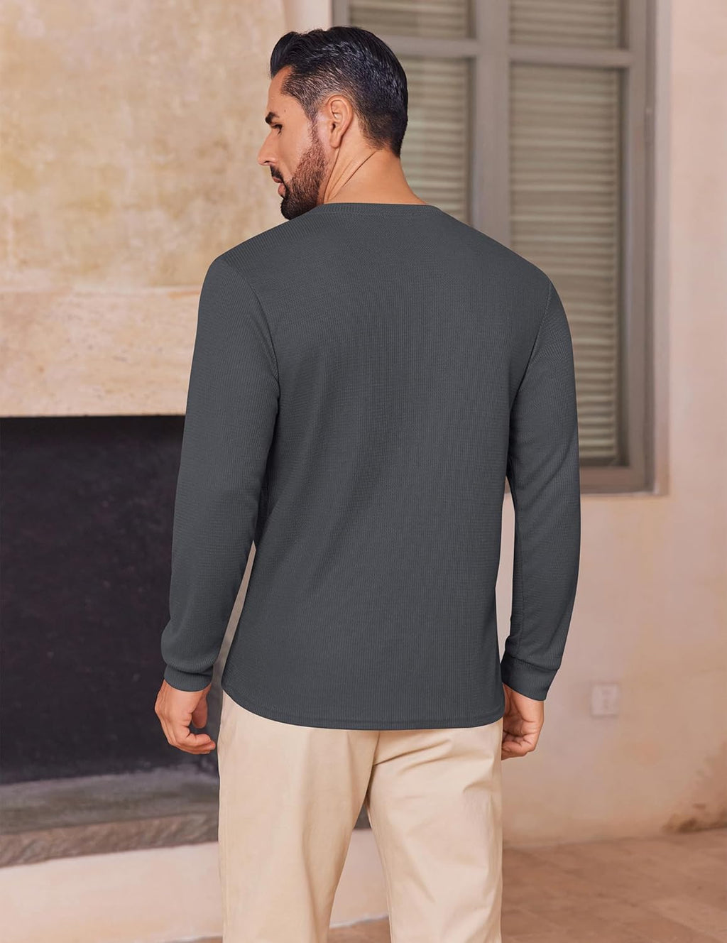 Mens Henley Long Sleeve Shirts Waffle T-Shirt