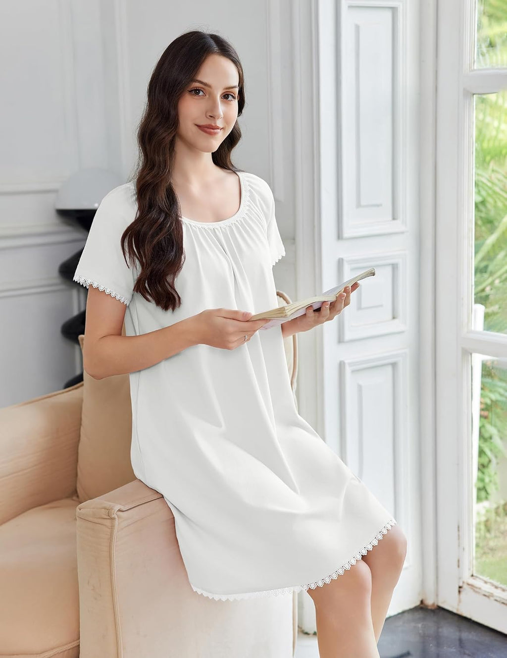 Cotton Nightgowns Lace Trim Short Sleeve Sleep Dress with Pockets