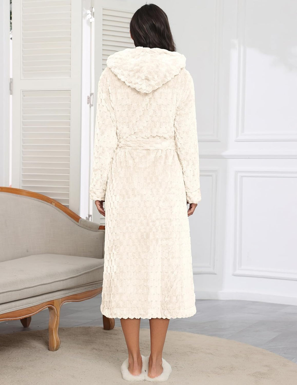 Plush Robes Long Soft Jacquard Fluffy Hooded Robe