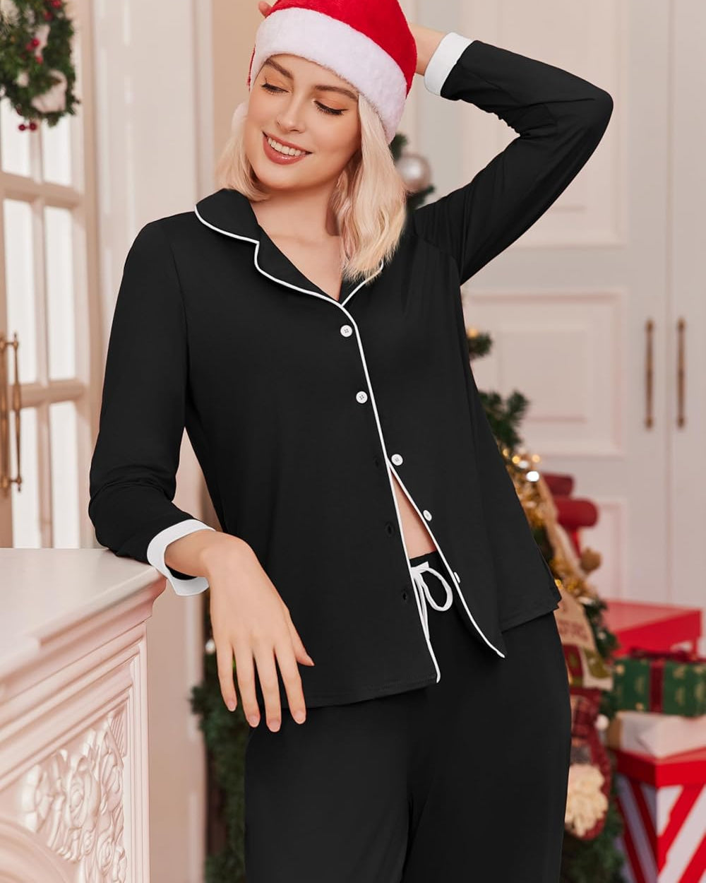 Long Sleeve Loungewear Soft Button Down Lounge Sets with Pockets