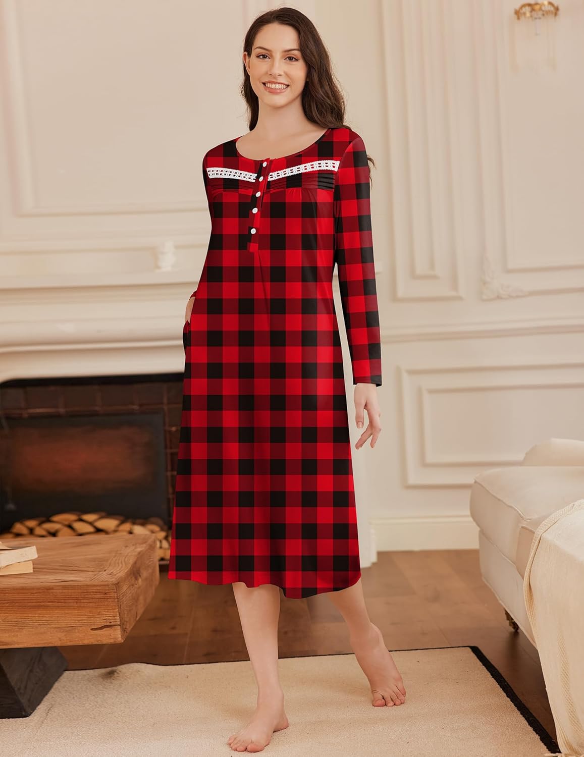 Long Button Night Gowns Full Length Sleep Dress with Pockets