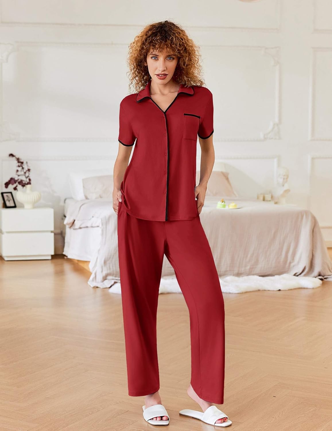 Notch Collar Soft Short Sleeve Pjs with Long Pant Lounge Set