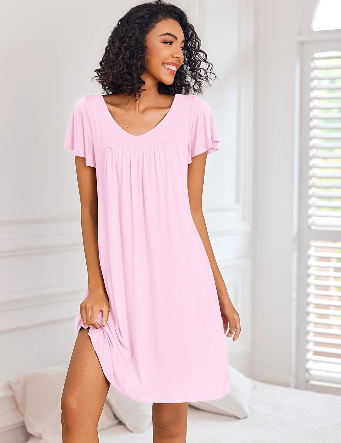 Short Sleeve Sleep Shirts Pleated Night Dress House Dress