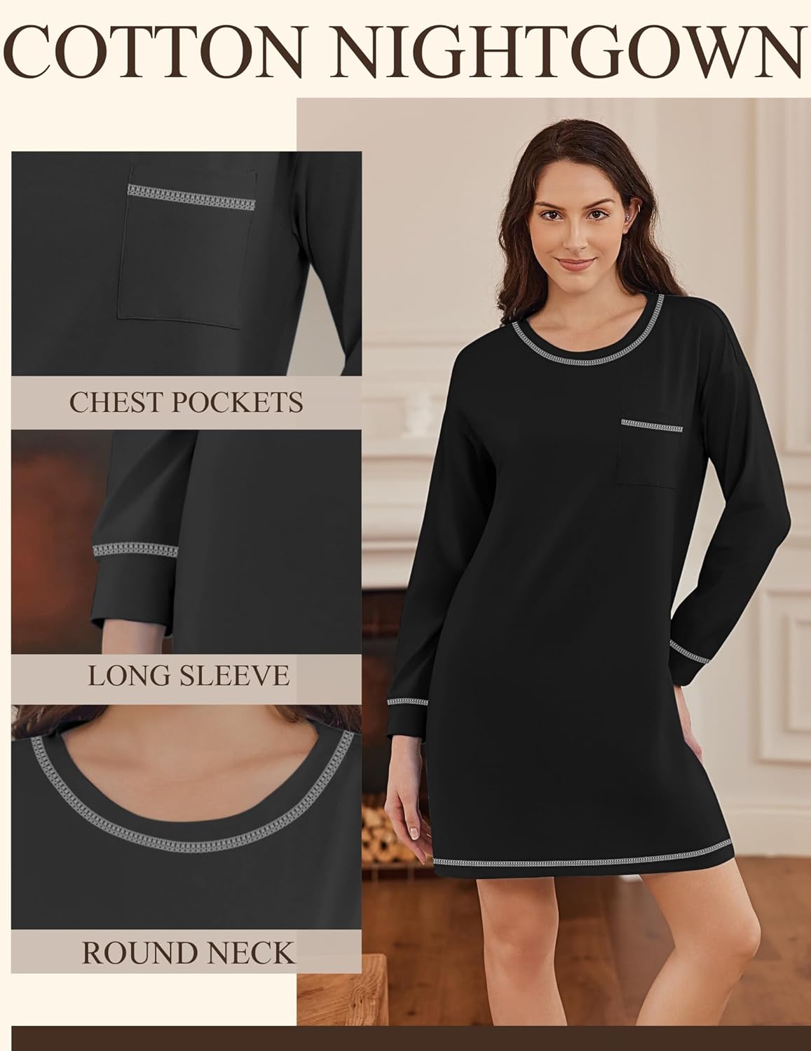 3 Pack Cotton Nightgowns Women Long Sleeve Sleep Shirts