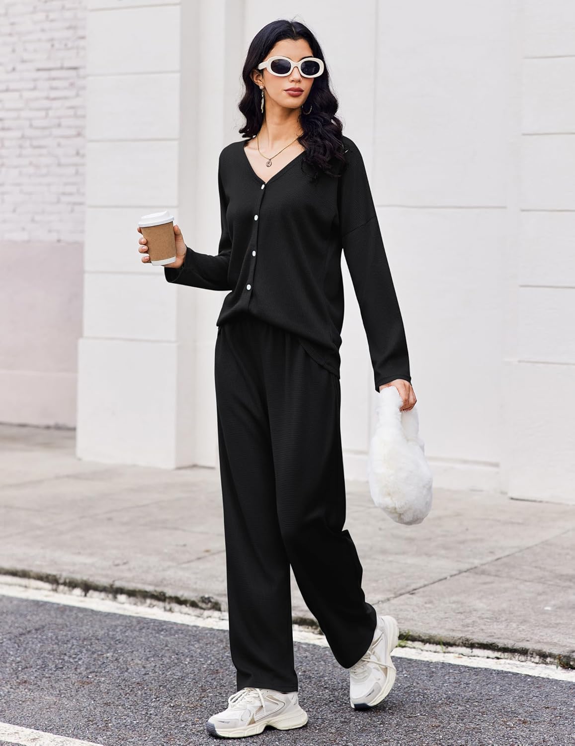 Waffle Knit Pajamas Long Sleeve Lounge Set