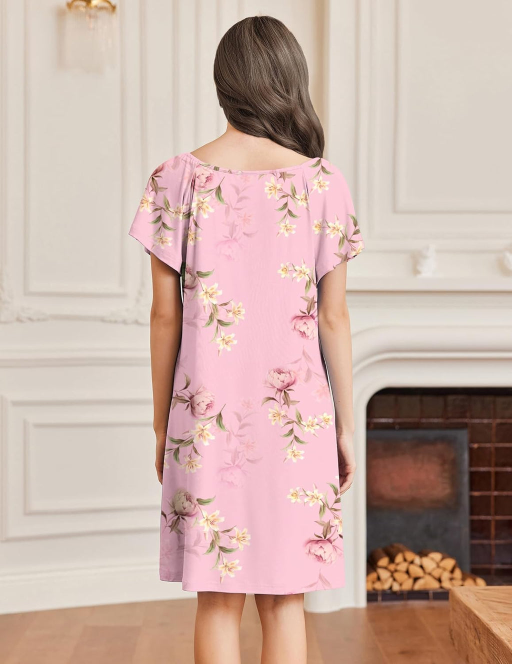 Lace Trim V Neck Sleep Shirt Flare Pleated Nightdress