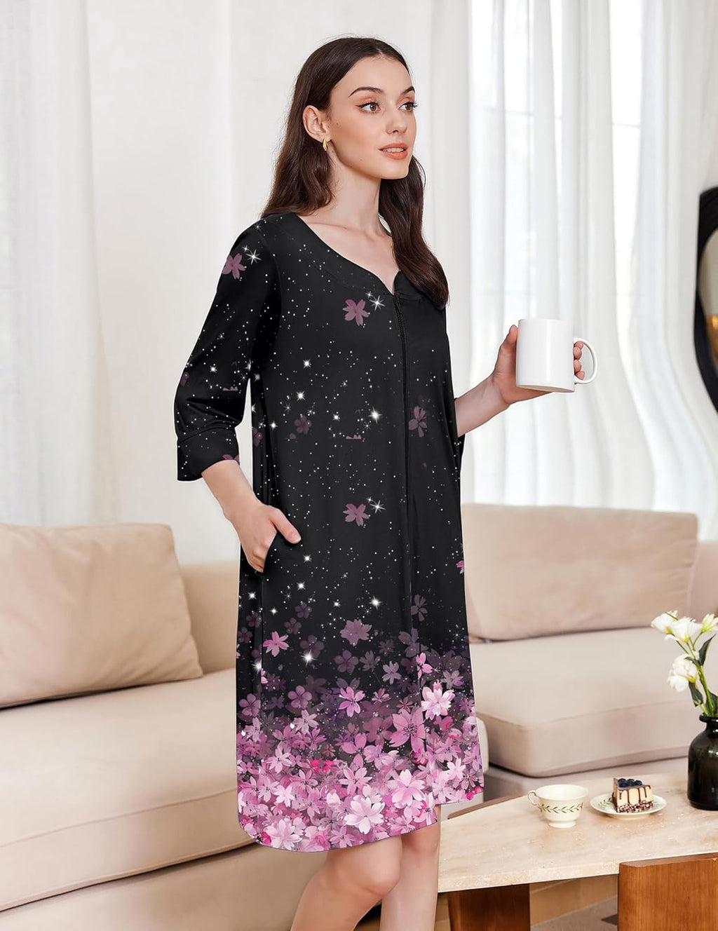 Zipper Robes 3/4 Sleeves Soft Nightgowns