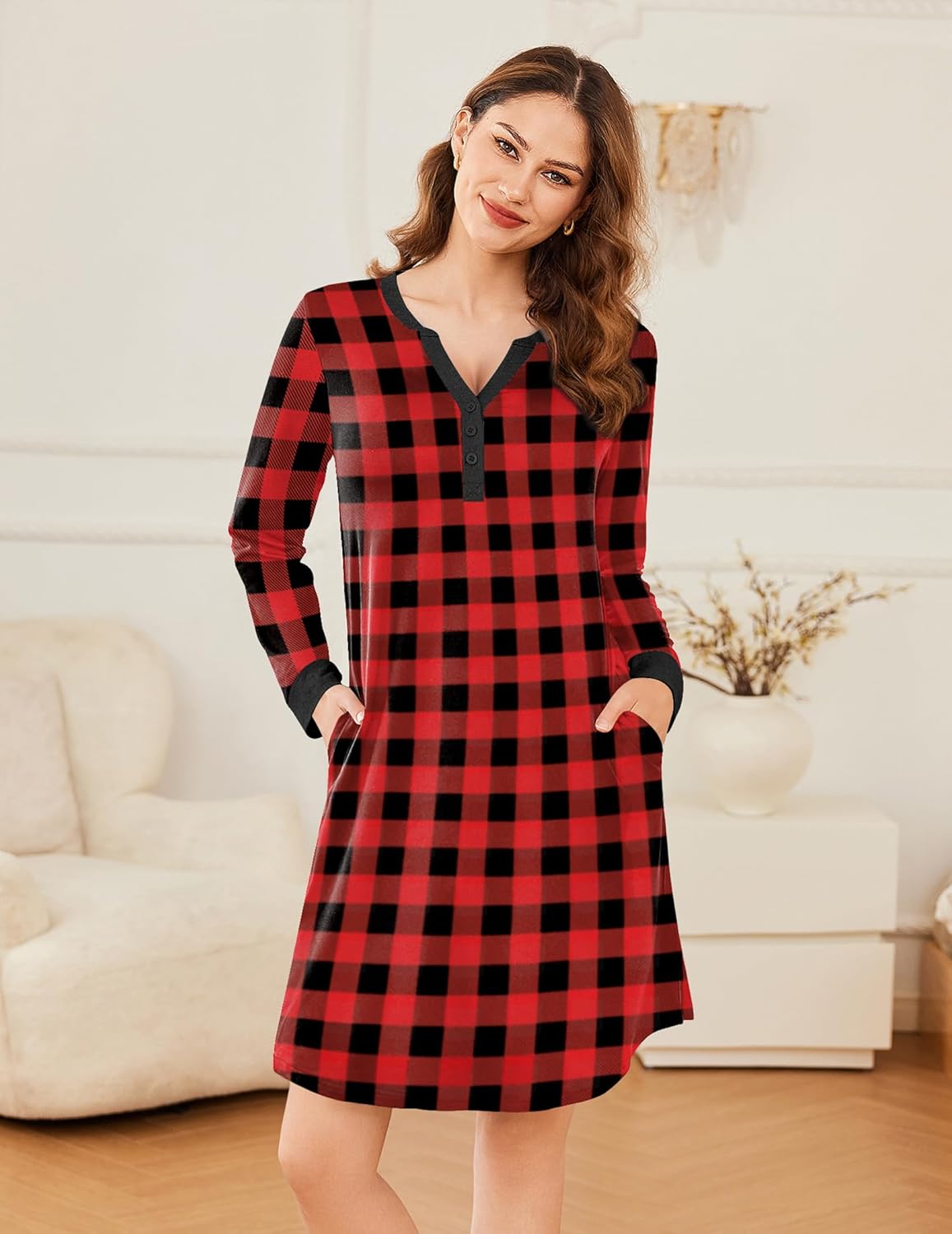 Button Down Nightshirt V Neck Pajama Dress