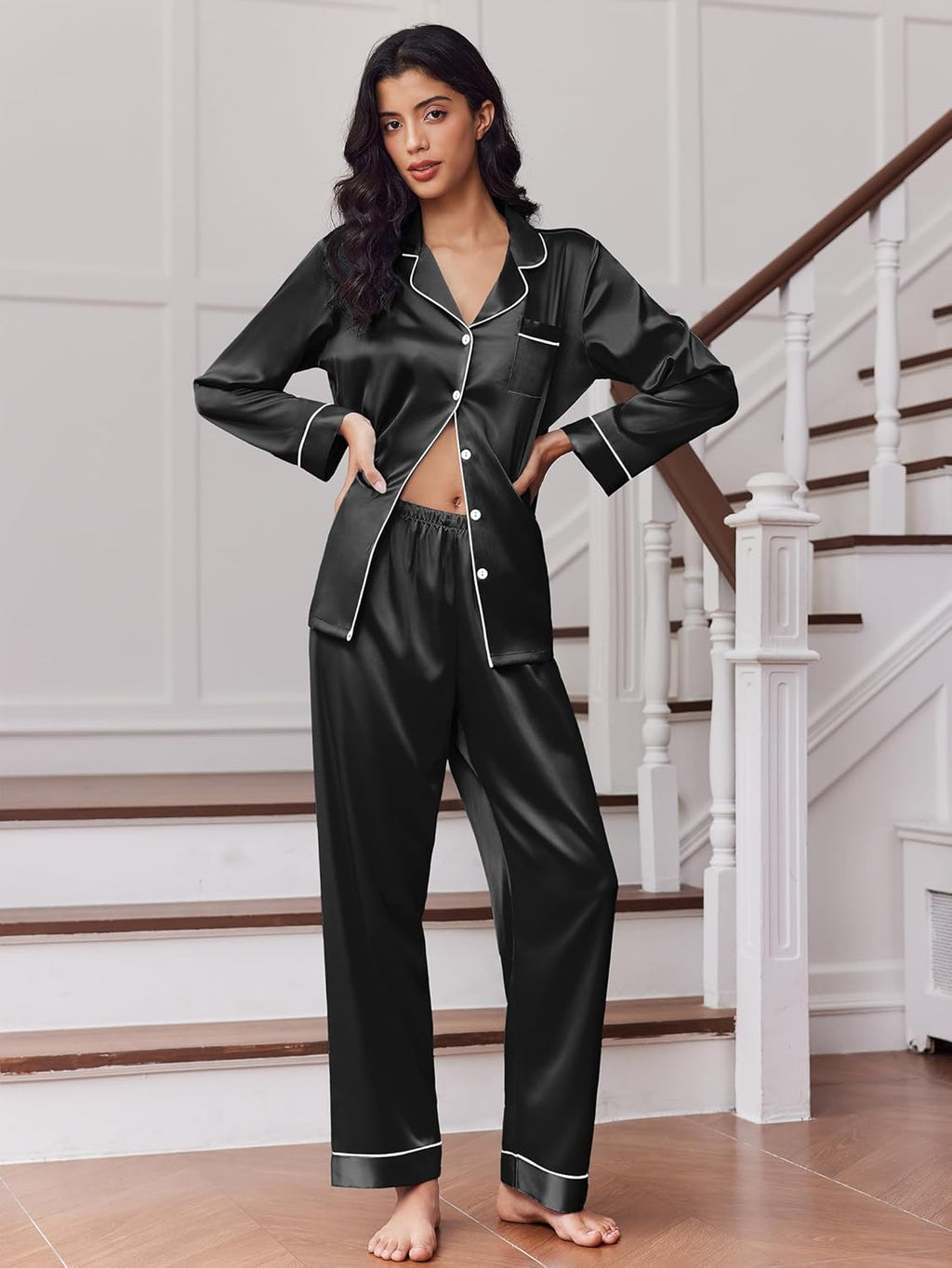 2 Pack Satin Pajamas Set Button Down Silk Pjs Set