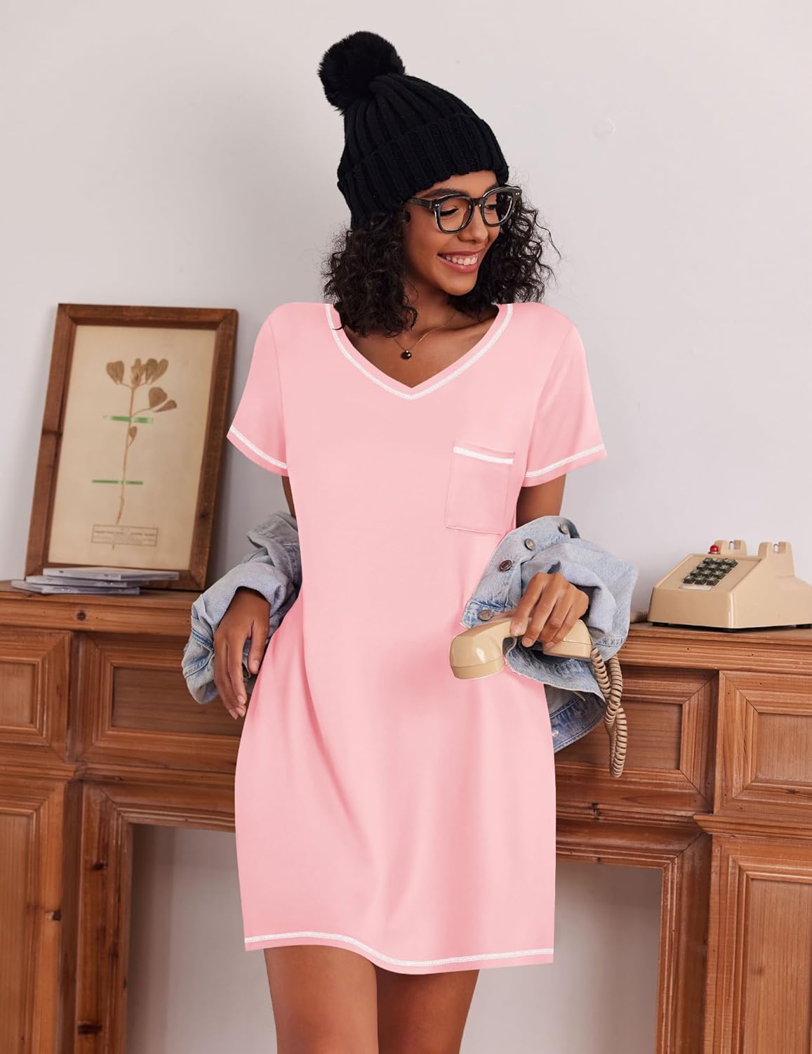 3 Pack Women Short Sleeve NightGown V Neck Soft Dress