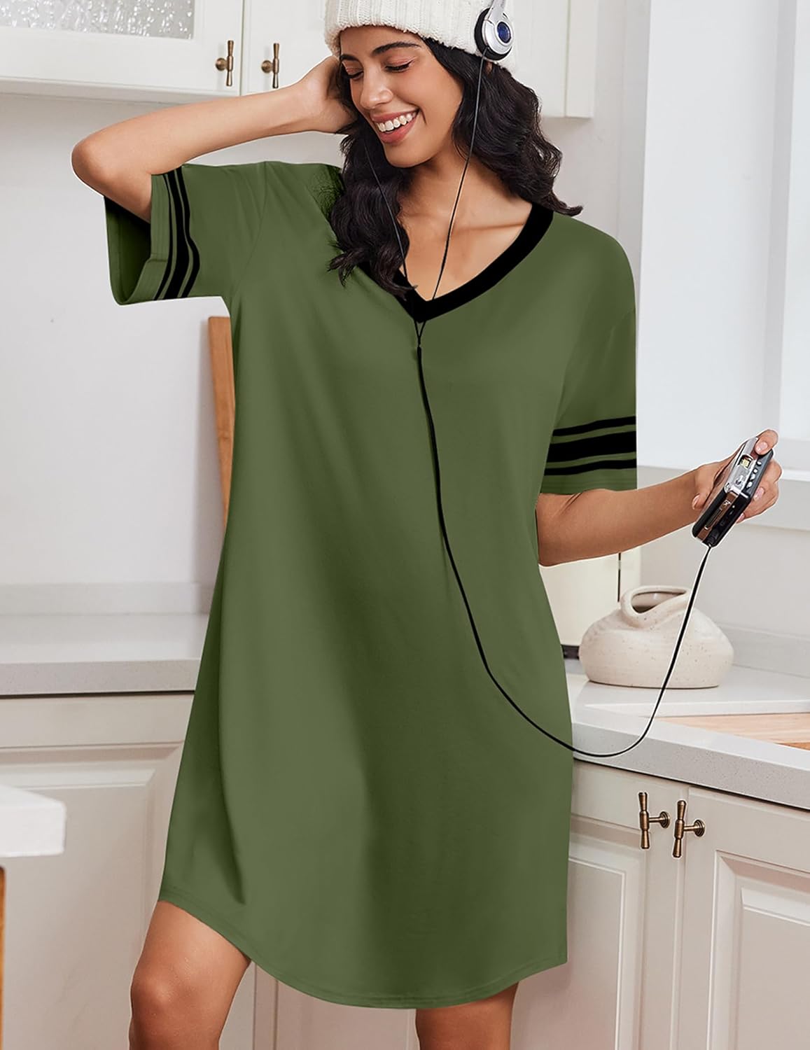 Bamboo Viscose Nightgown Short Sleeve V Neck Nightshirt