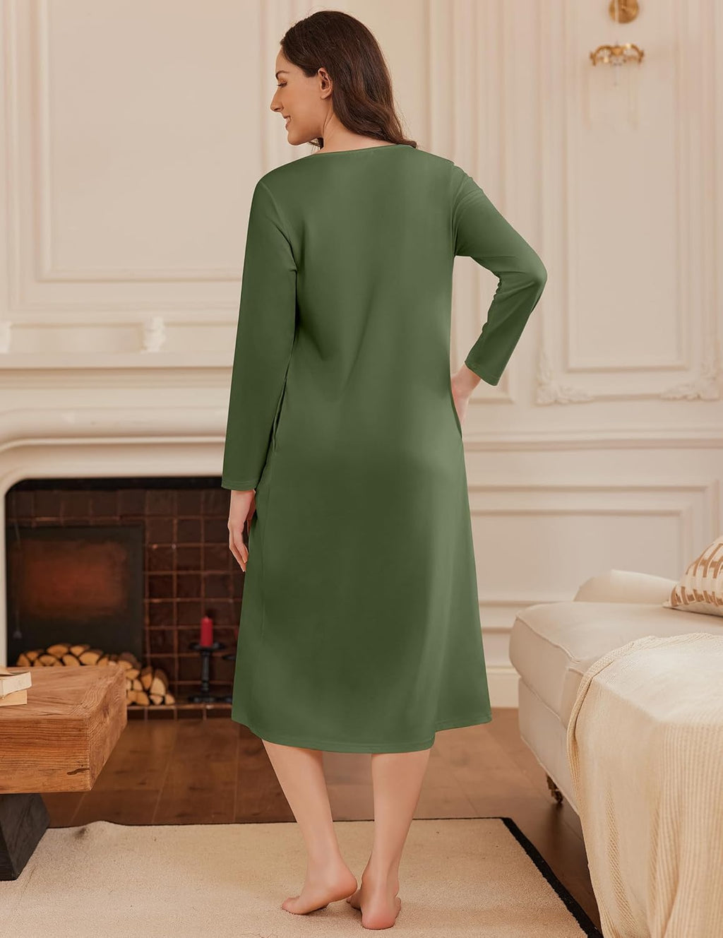 Long Button Night Gowns Full Length Sleep Dress with Pockets