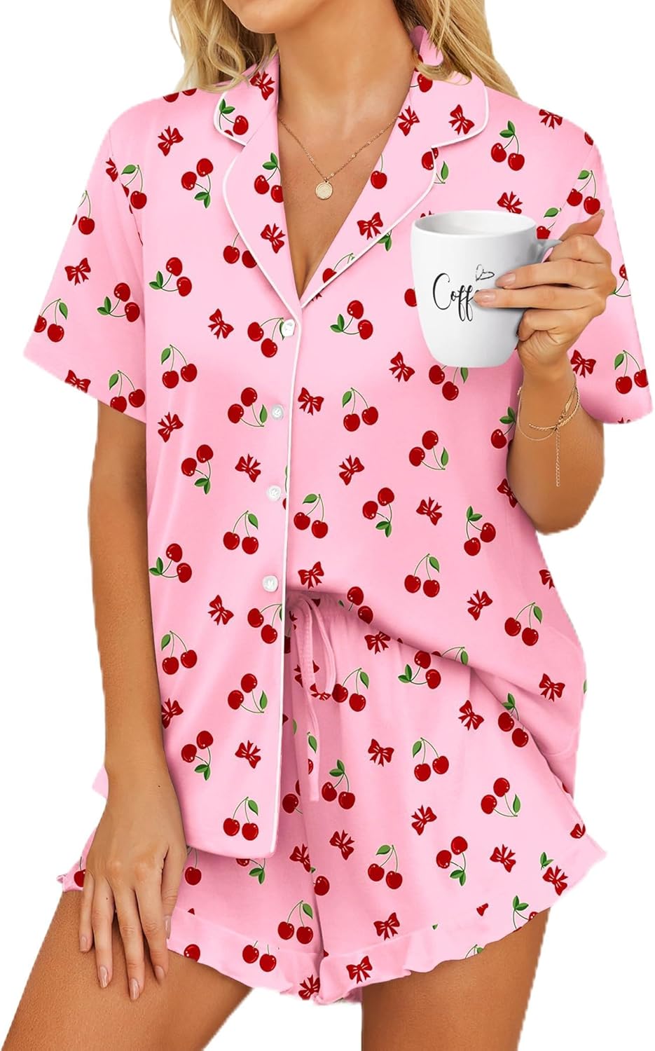 Button Down Short Sleeve Top and Shorts Cute Pjs Sets