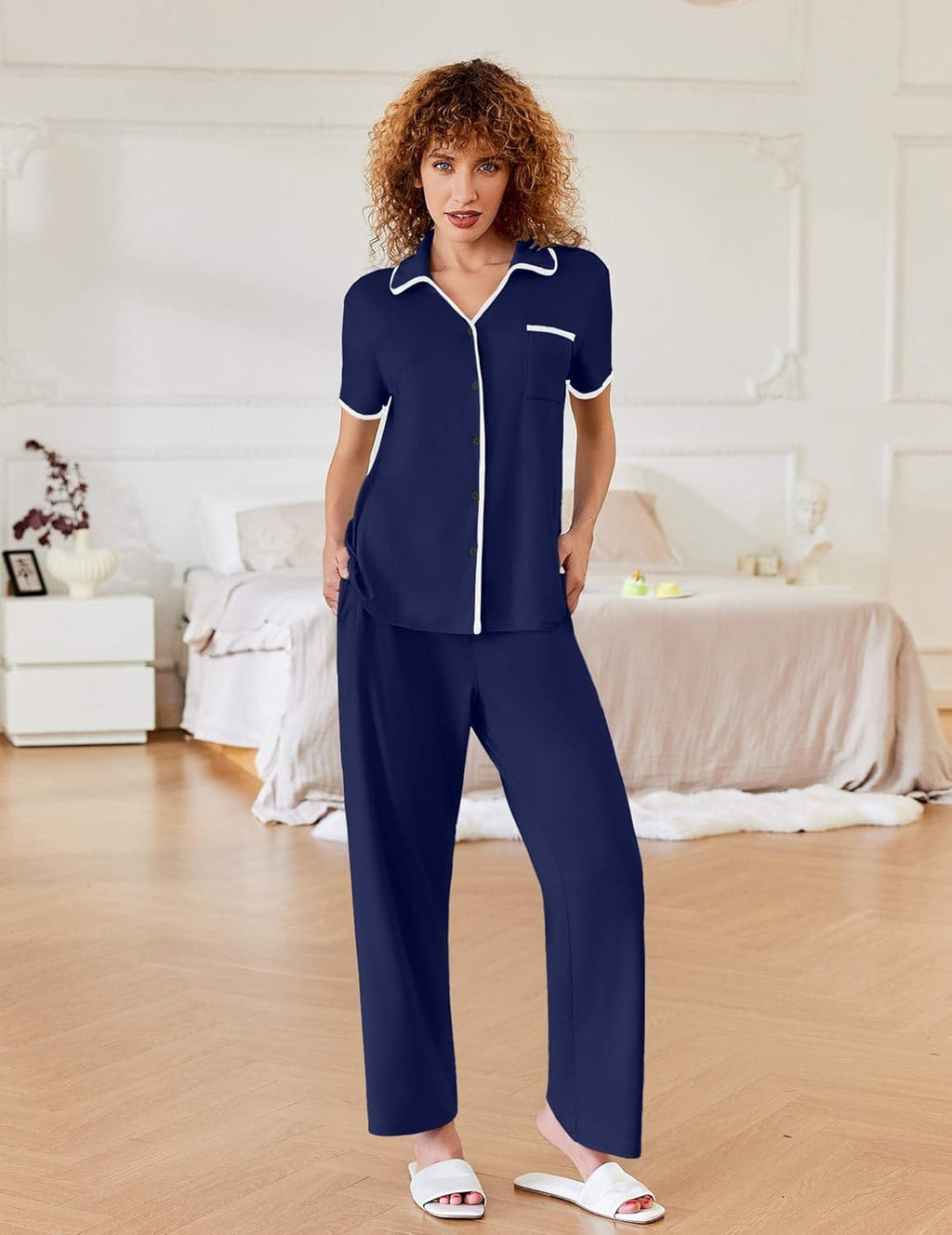 Notch Collar Soft Short Sleeve Pjs with Long Pant Lounge Set