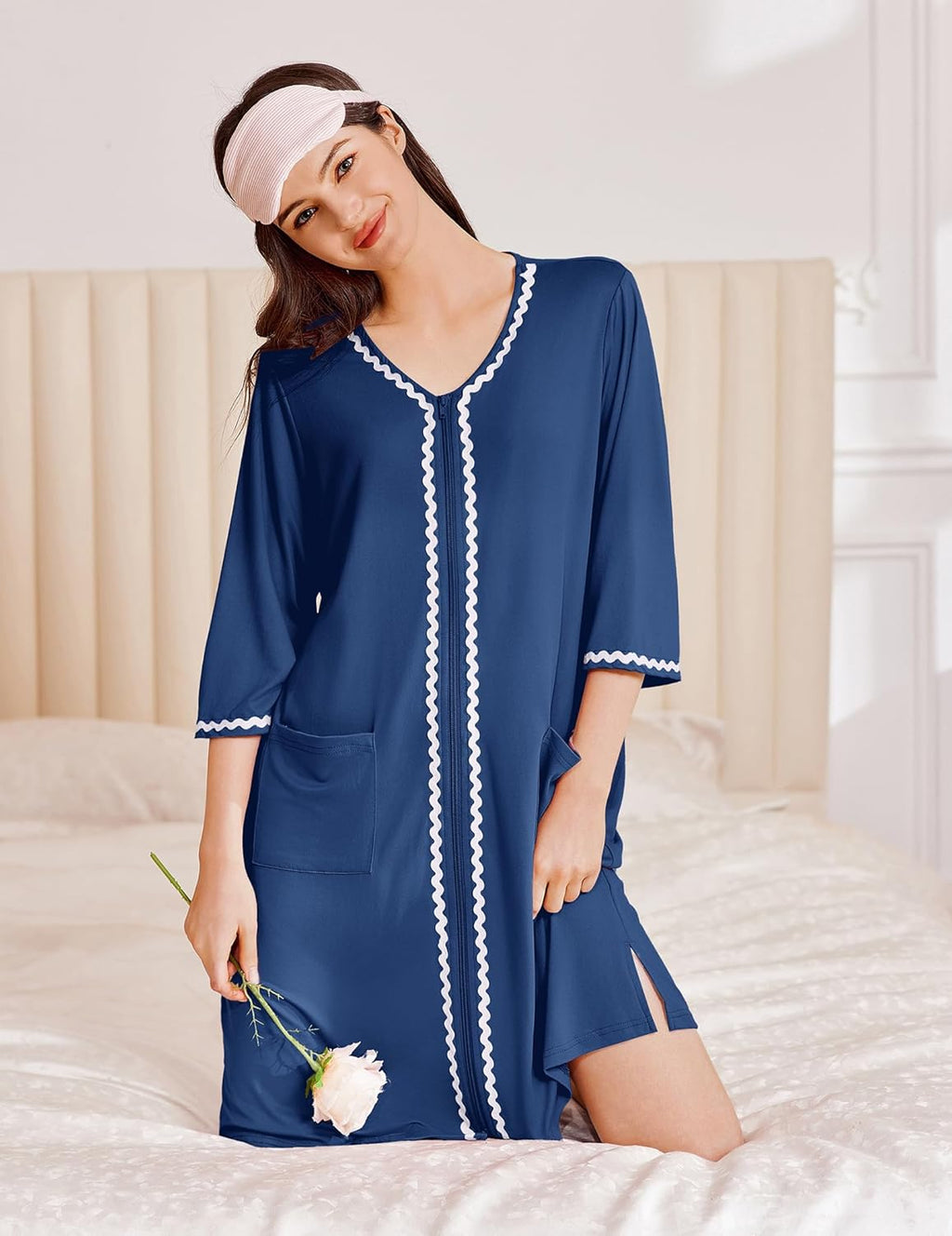 Zipper Robes for Women 3/4 Sleeves Lightweight House Coat