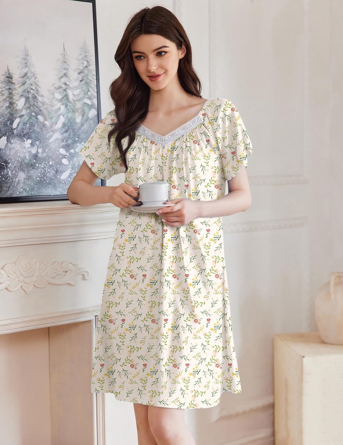 Lace Trim V Neck Sleep Shirt Flare Pleated Nightdress